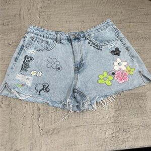 Barbie Light Blue Denim Embroidered High-Waist Shorts 28